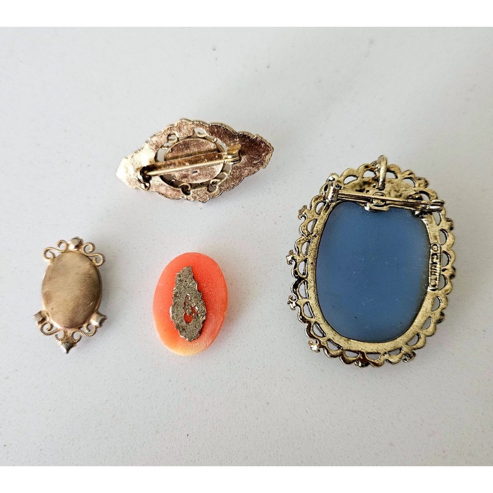 Cameo Brooch Lot 4 Pc Blue Floral Pink Rose Lady Profile Pins Crafts Vintage - Picture 2 of 2
